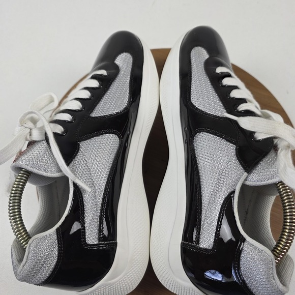 Prada Shoes Mens Size 8 Black Gray Patent Leather Low Top Sneakers Italy - Picture 11 of 16